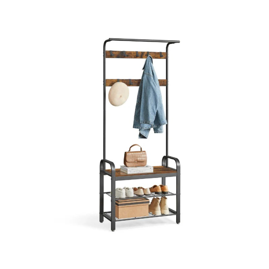 Industrial Coat Rack With Bench, Shoe Rack & 9 Hooks Hall Tree