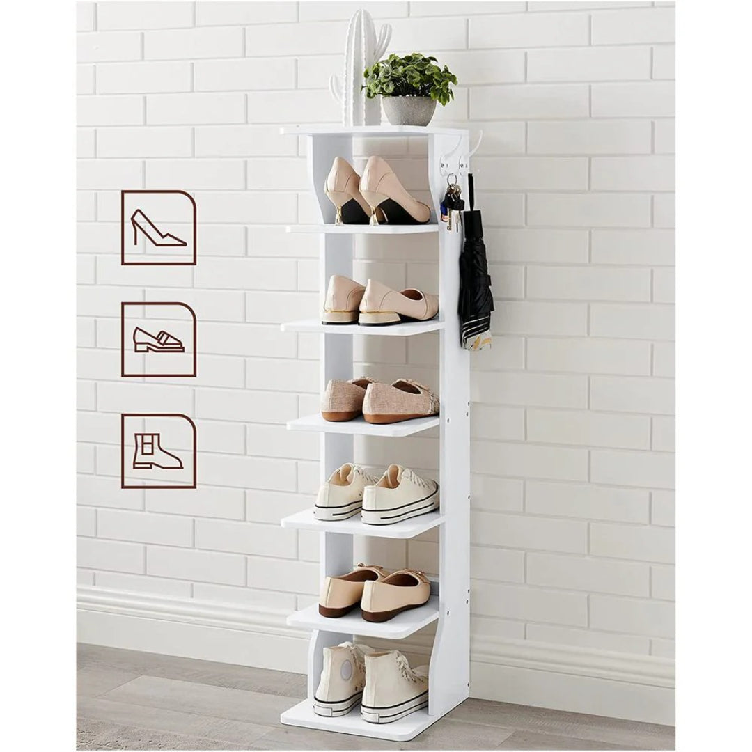7 Tier Slim Shoe Rack With Hooks, Narrow Shoe Storage Organizer
