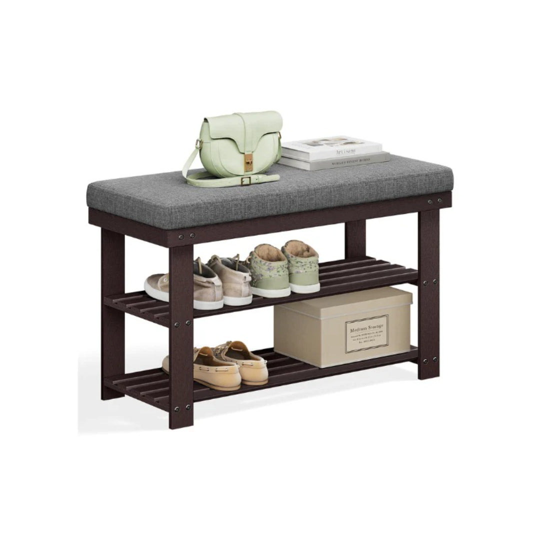 Shoe Organizer Bench With Cushion & 2 Shelves, 28 Inch Unit
