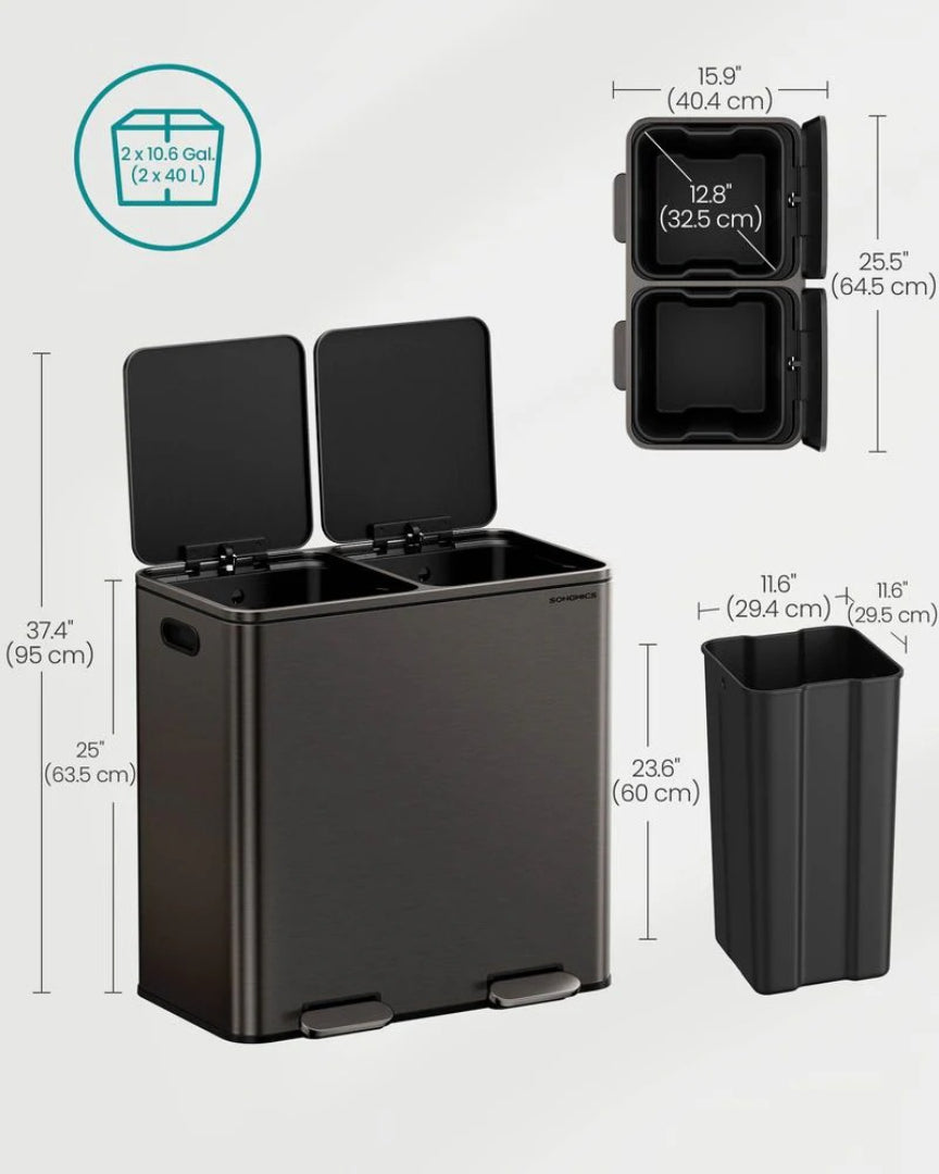 Dual Compartment Kitchen Trash Can with Pedal, 2 x 10.6 Gallon