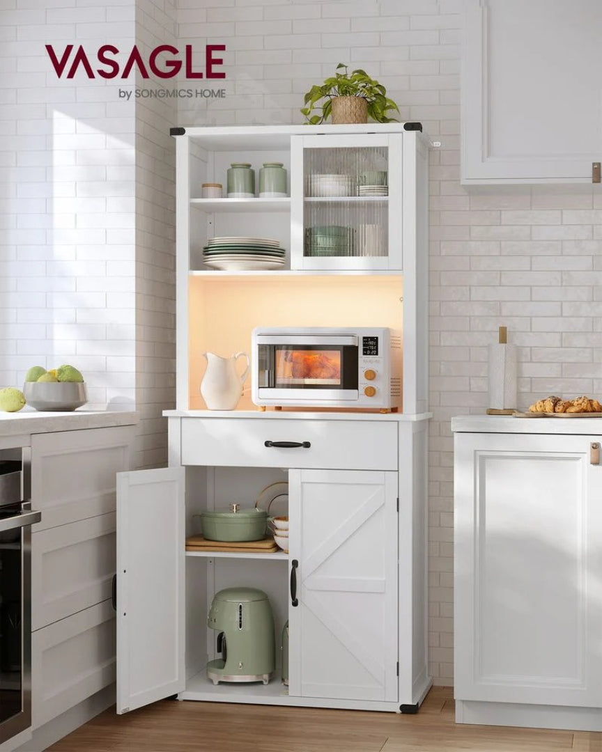 71-Inch Pantry Cabinet with Lights and Charging Station