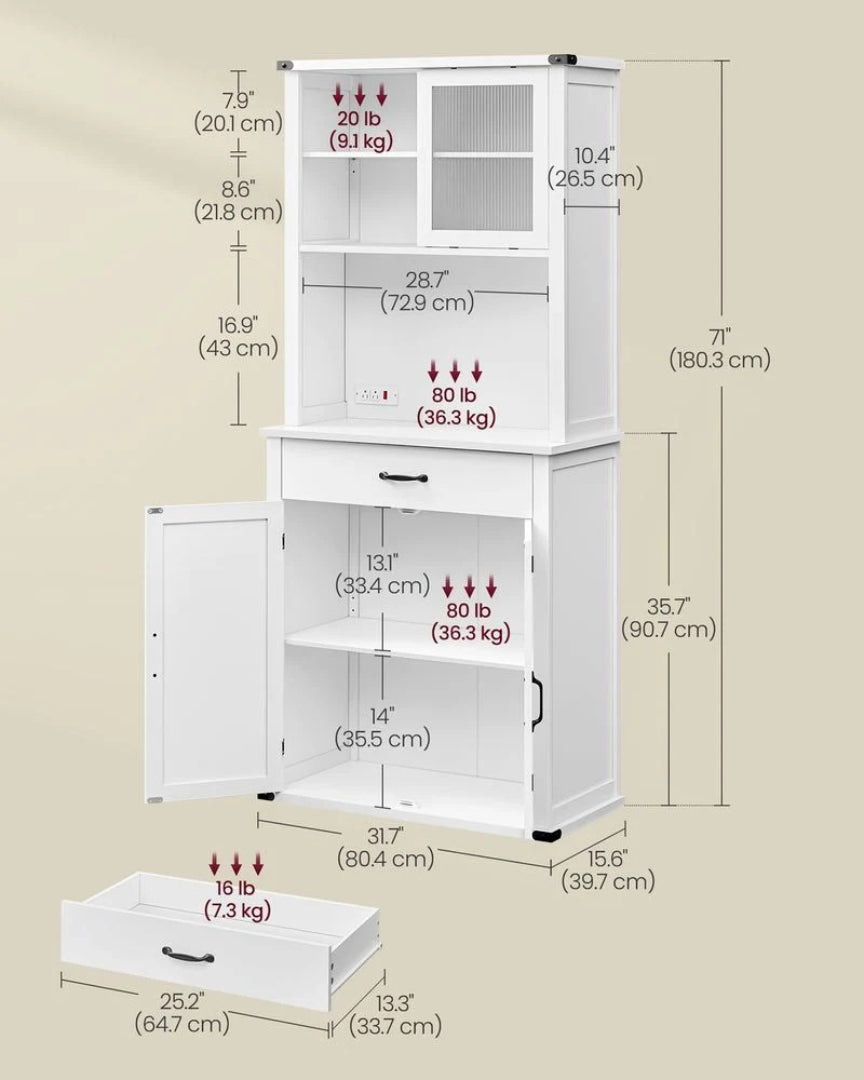 71-Inch Pantry Cabinet with Lights and Charging Station