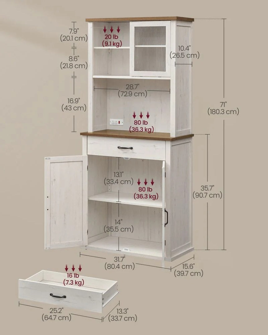 71-Inch Pantry Cabinet with Lights and Charging Station