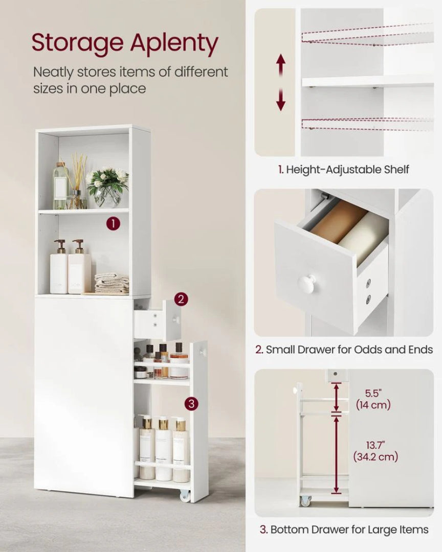 Freestanding Bathroom Cabinet Slim Storage With Drawers 52.9in High