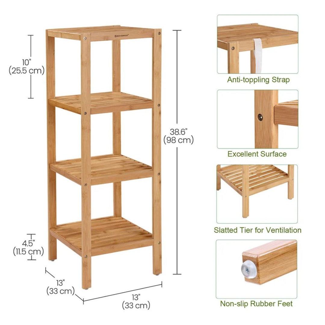 Bathroom Shelf 4-Tier Bamboo Storage Rack 38.6in High
