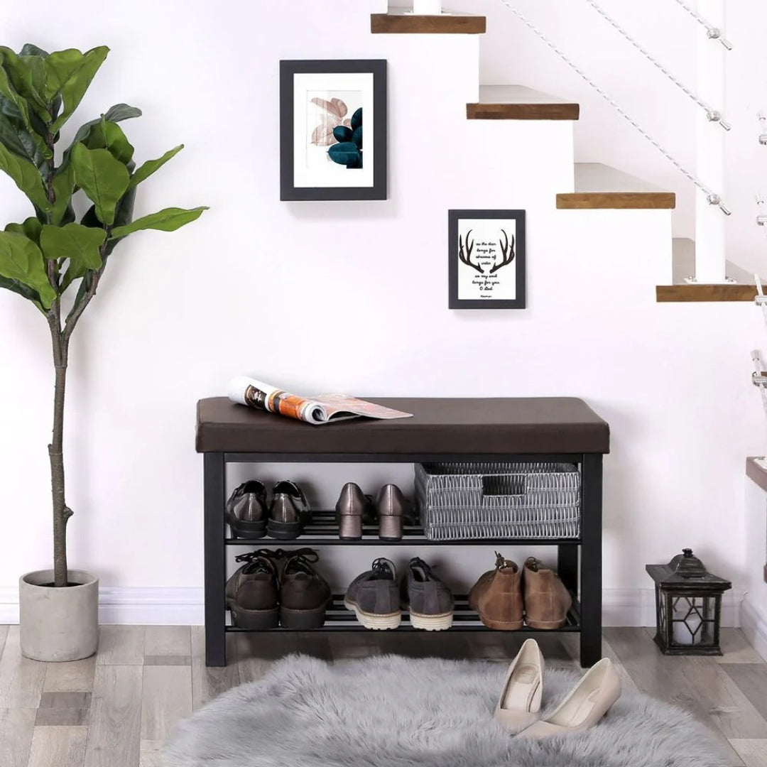 3 Tier Shoe Bench With Cushion & Storage Shelves Entryway Unit