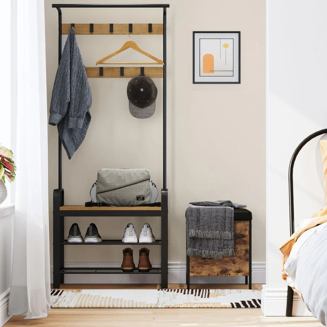 Industrial Coat Rack With Bench, Shoe Rack & 9 Hooks Hall Tree