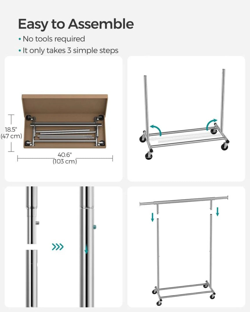 Clothes Rack With Extendable Rail Rolling Garment Rack 36.2-52in
