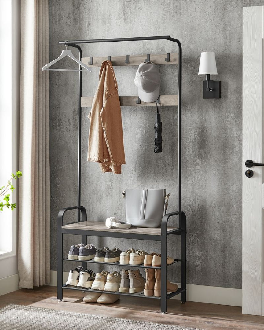 Industrial Coat Rack With Bench, Shoe Rack & 9 Hooks Hall Tree