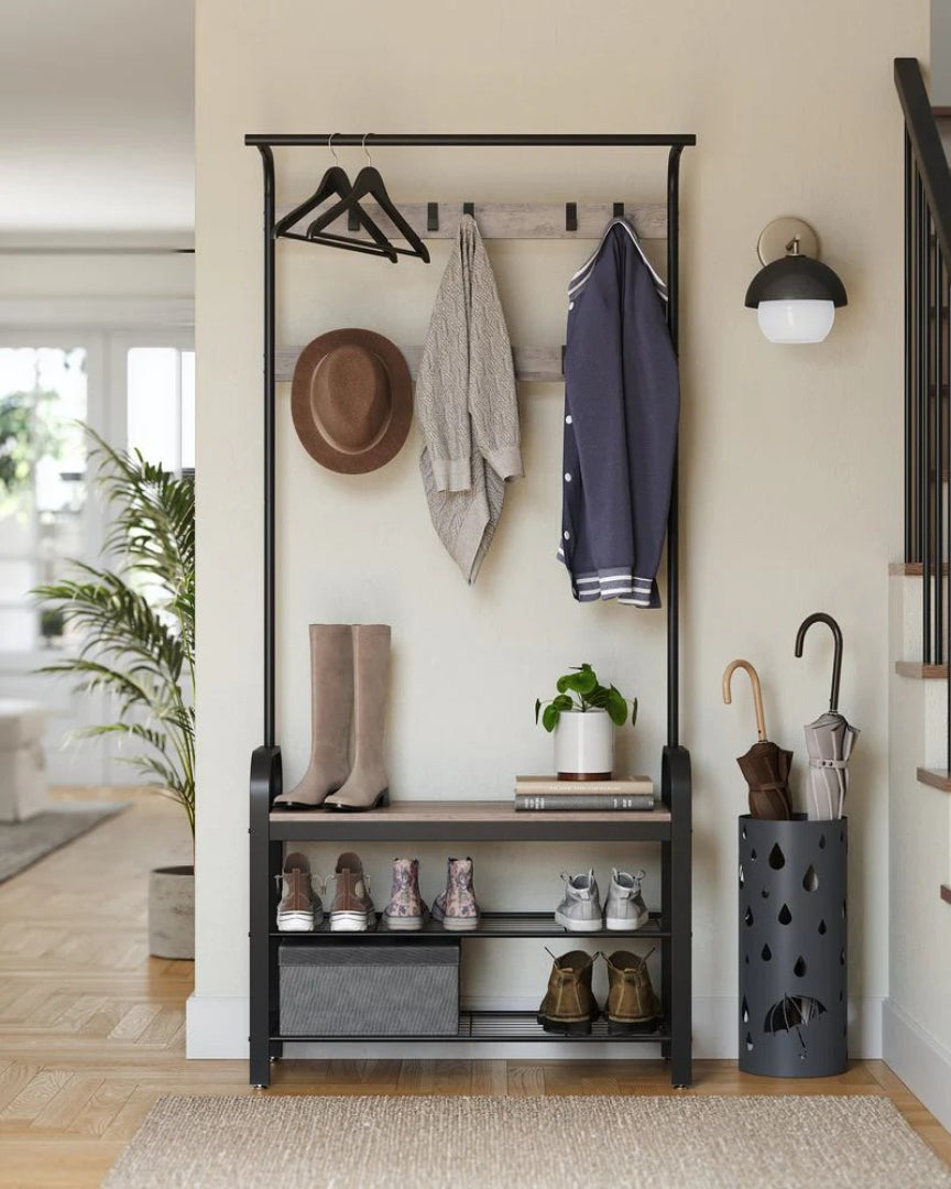 Industrial Coat Rack With Bench, Shoe Rack & 9 Hooks Hall Tree