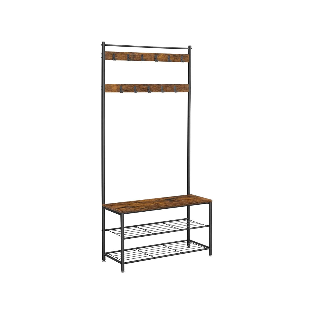 Hall Tree With Shoe Storage Bench & 9 Hooks Entryway Coat Rack