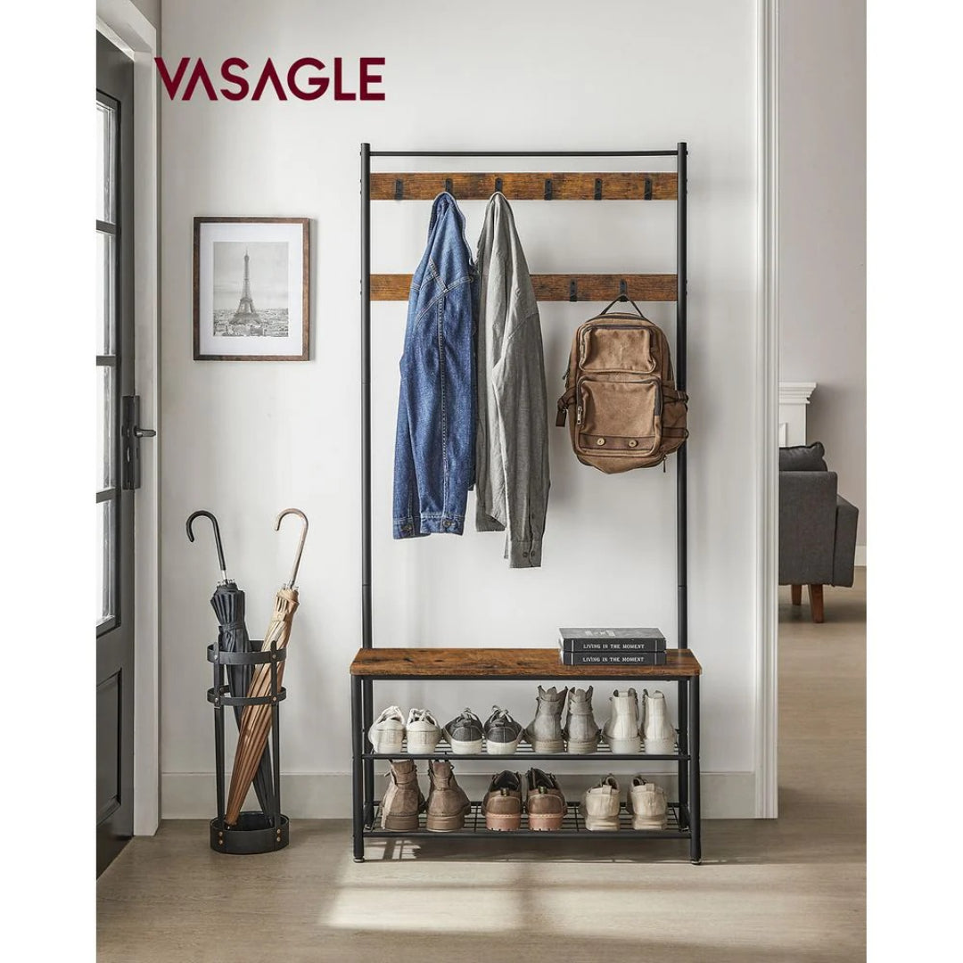 Hall Tree With Shoe Storage Bench & 9 Hooks Entryway Coat Rack