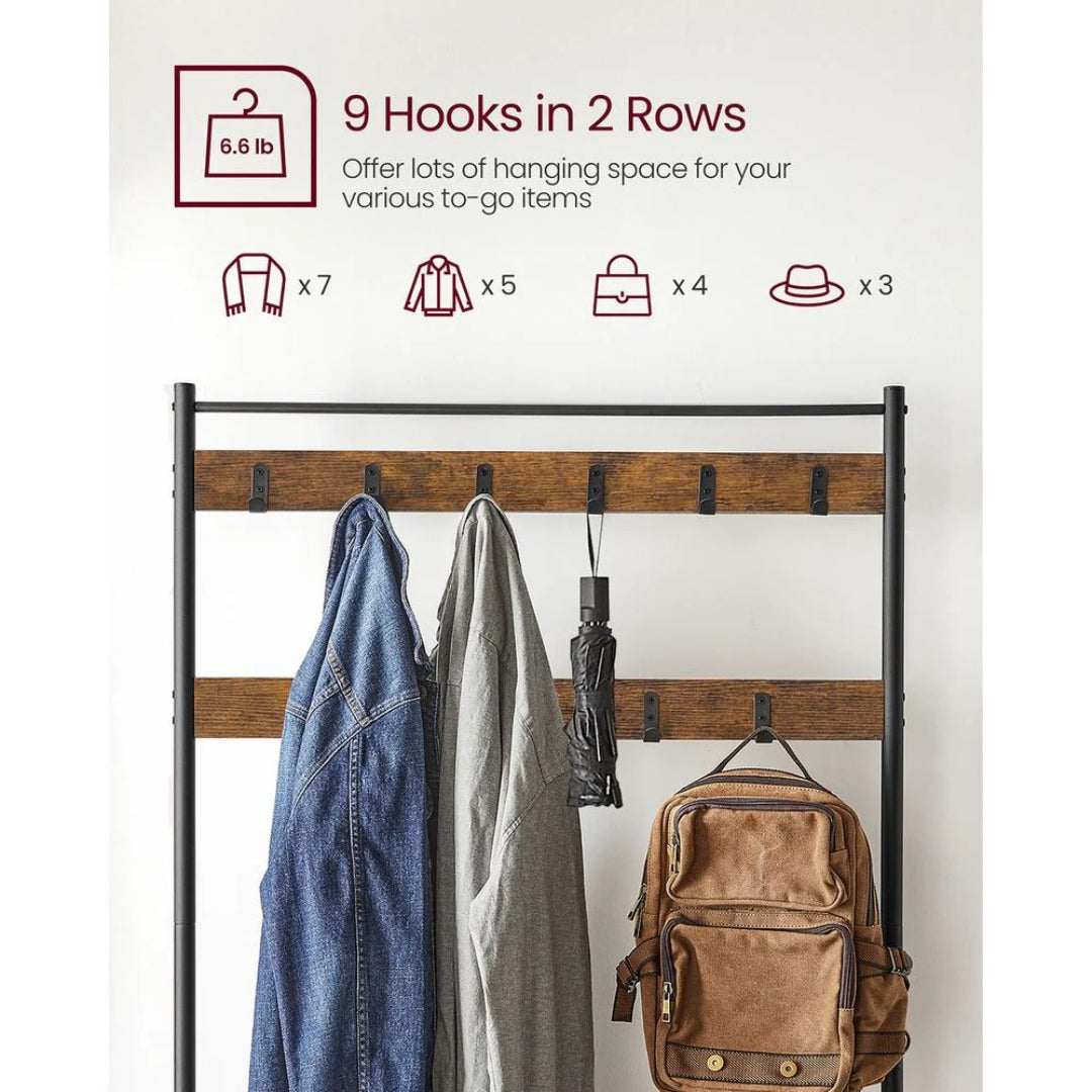 Hall Tree With Shoe Storage Bench & 9 Hooks Entryway Coat Rack