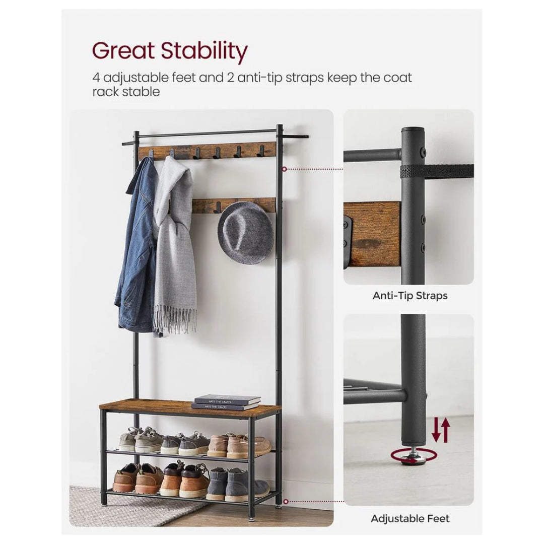 Hall Tree With Shoe Storage Bench & 9 Hooks Entryway Coat Rack