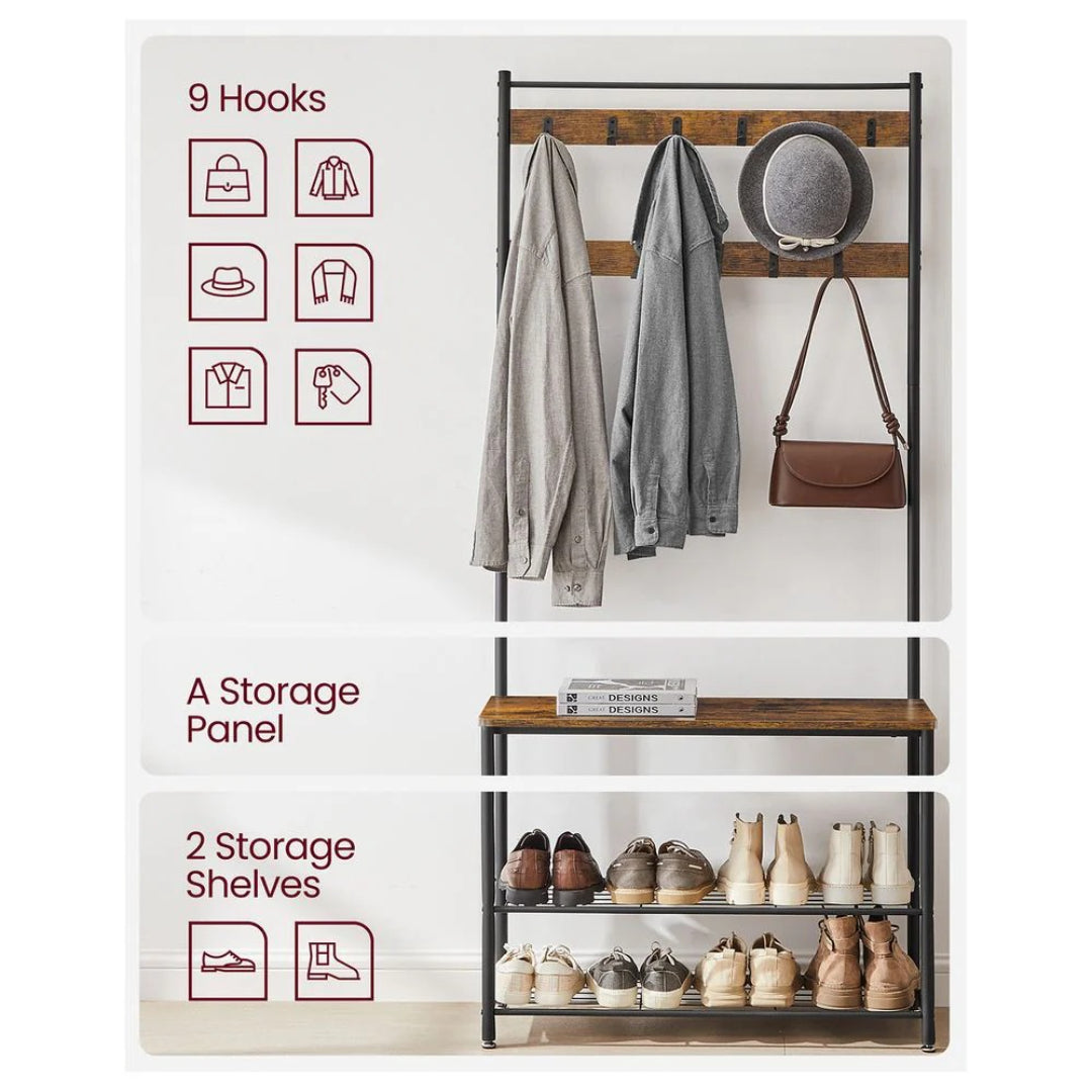 Hall Tree With Shoe Storage Bench & 9 Hooks Entryway Coat Rack