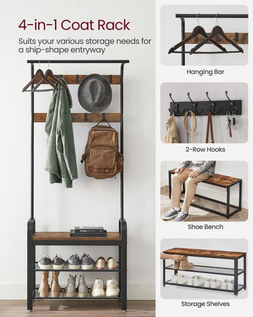 Industrial Coat Rack With Bench, Shoe Rack & 9 Hooks Hall Tree
