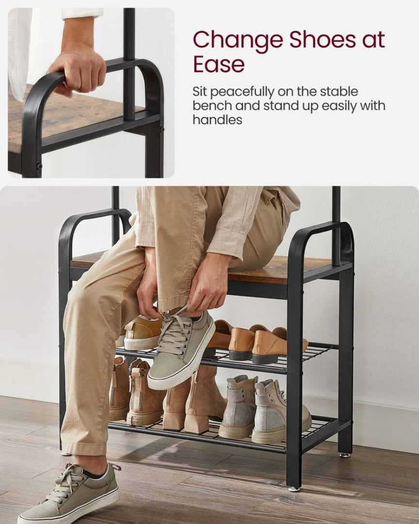 Industrial Coat Rack With Bench, Shoe Rack & 9 Hooks Hall Tree