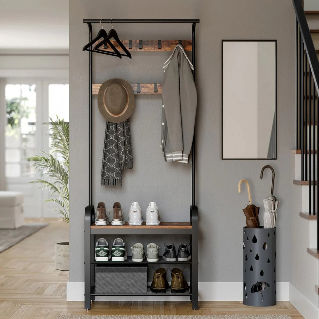 Industrial Coat Rack With Bench, Shoe Rack & 9 Hooks Hall Tree