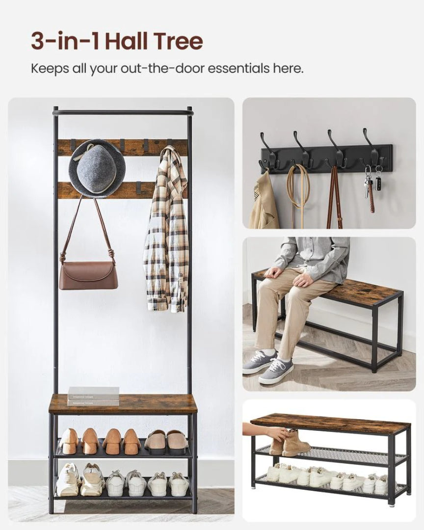 Hall Tree With Bench, Shoe Storage & 9 Hooks Entryway Coat Rack