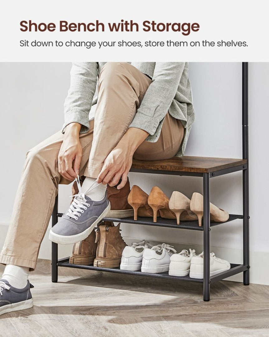 Hall Tree With Bench, Shoe Storage & 9 Hooks Entryway Coat Rack