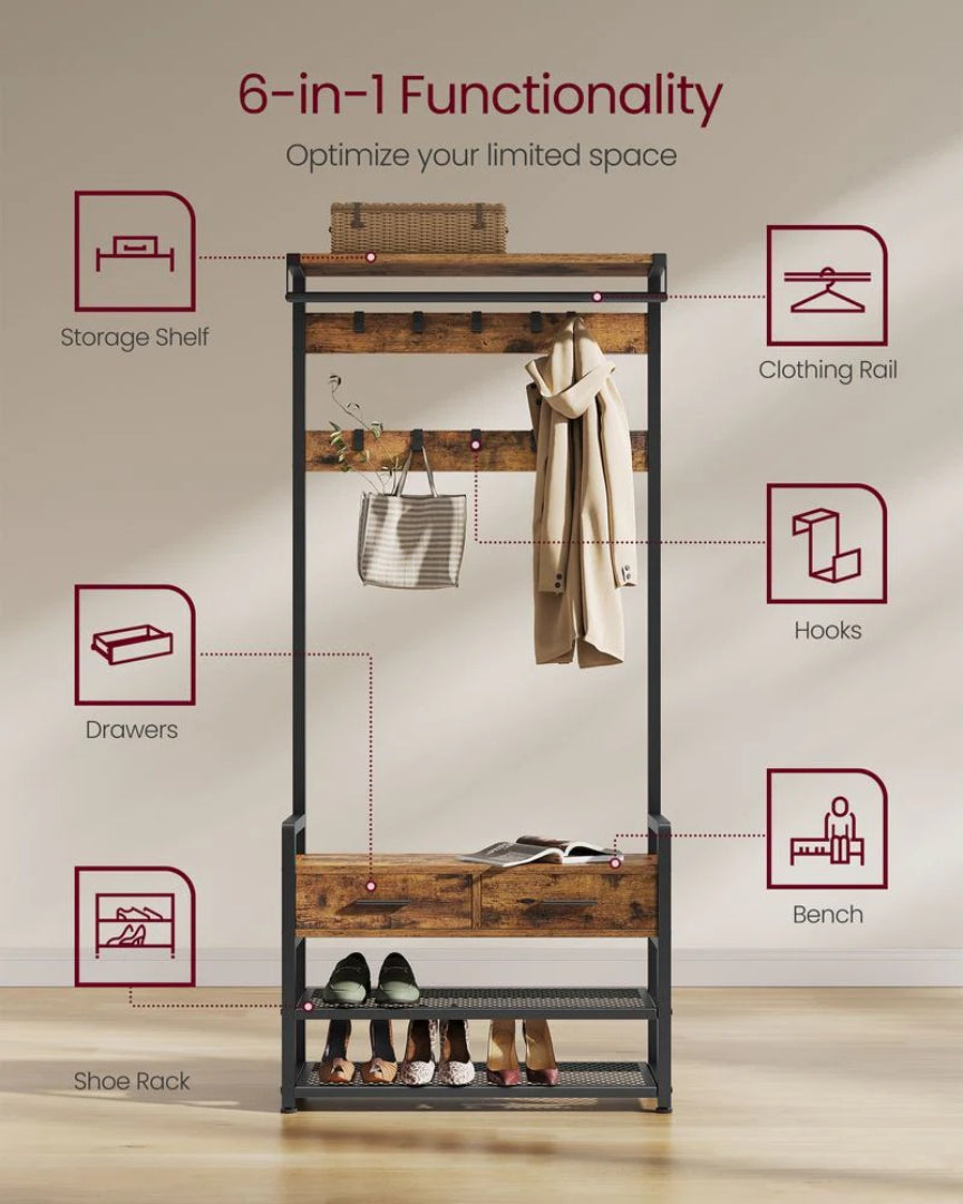Hall Tree With Bench, Drawers, Hooks & Shoe Storage Entryway Unit