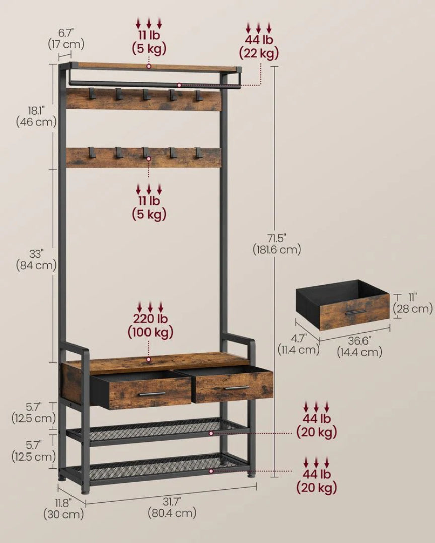 Hall Tree With Bench, Drawers, Hooks & Shoe Storage Entryway Unit