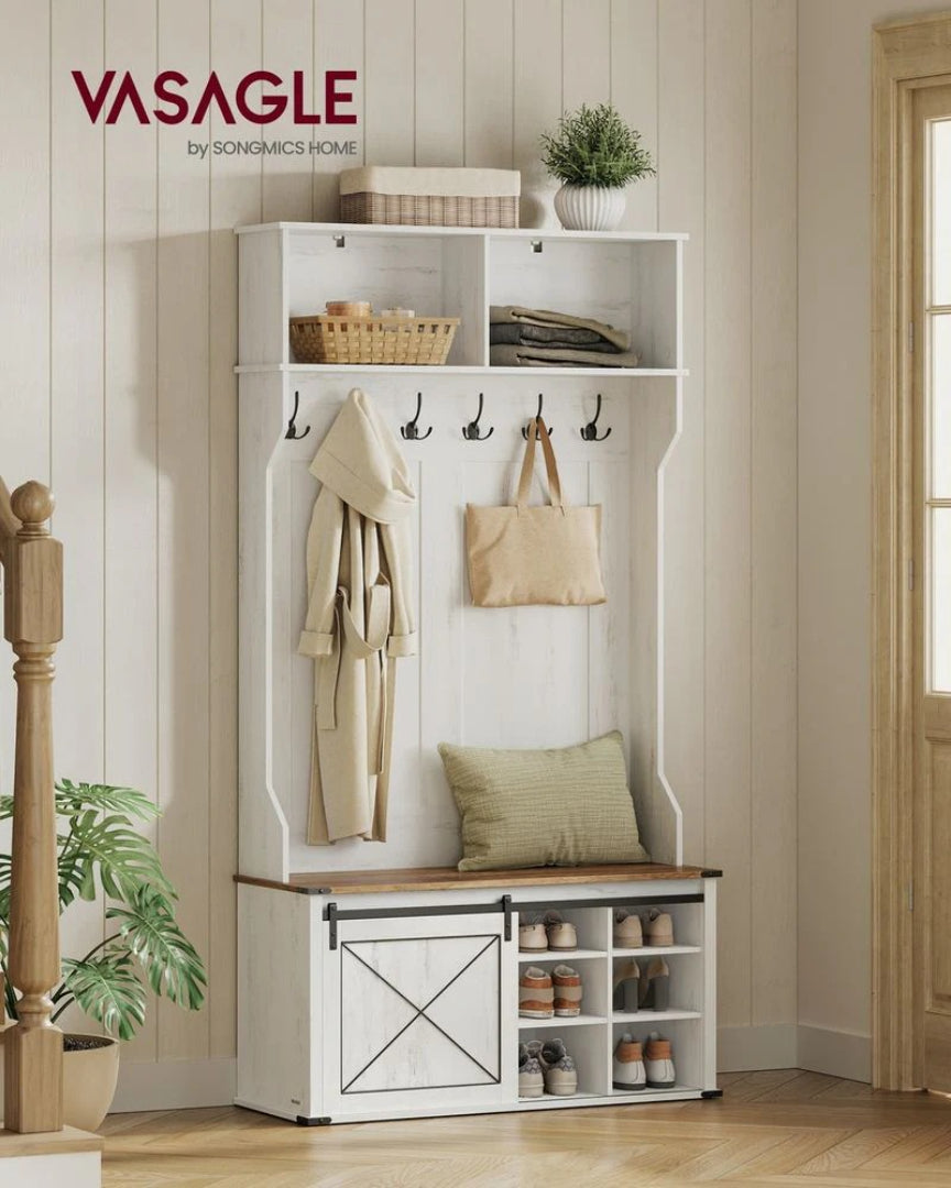 Hall Tree With Bench, Shoe Storage Cabinet & Hooks Entryway Unit