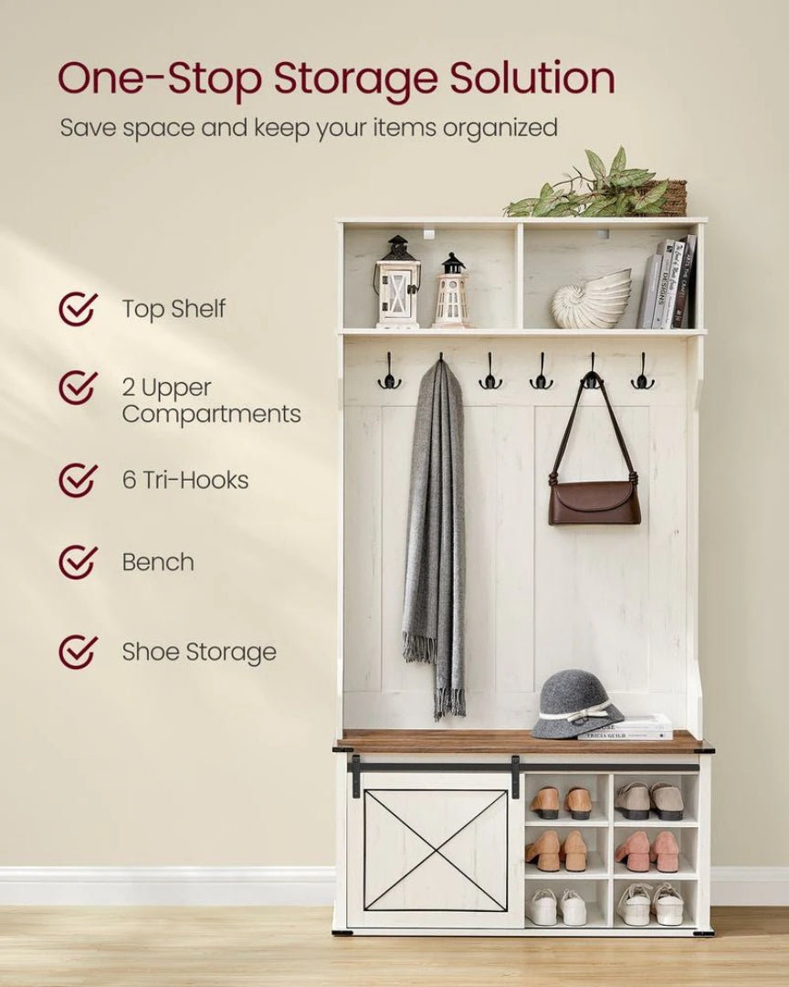 Hall Tree With Bench, Shoe Storage Cabinet & Hooks Entryway Unit