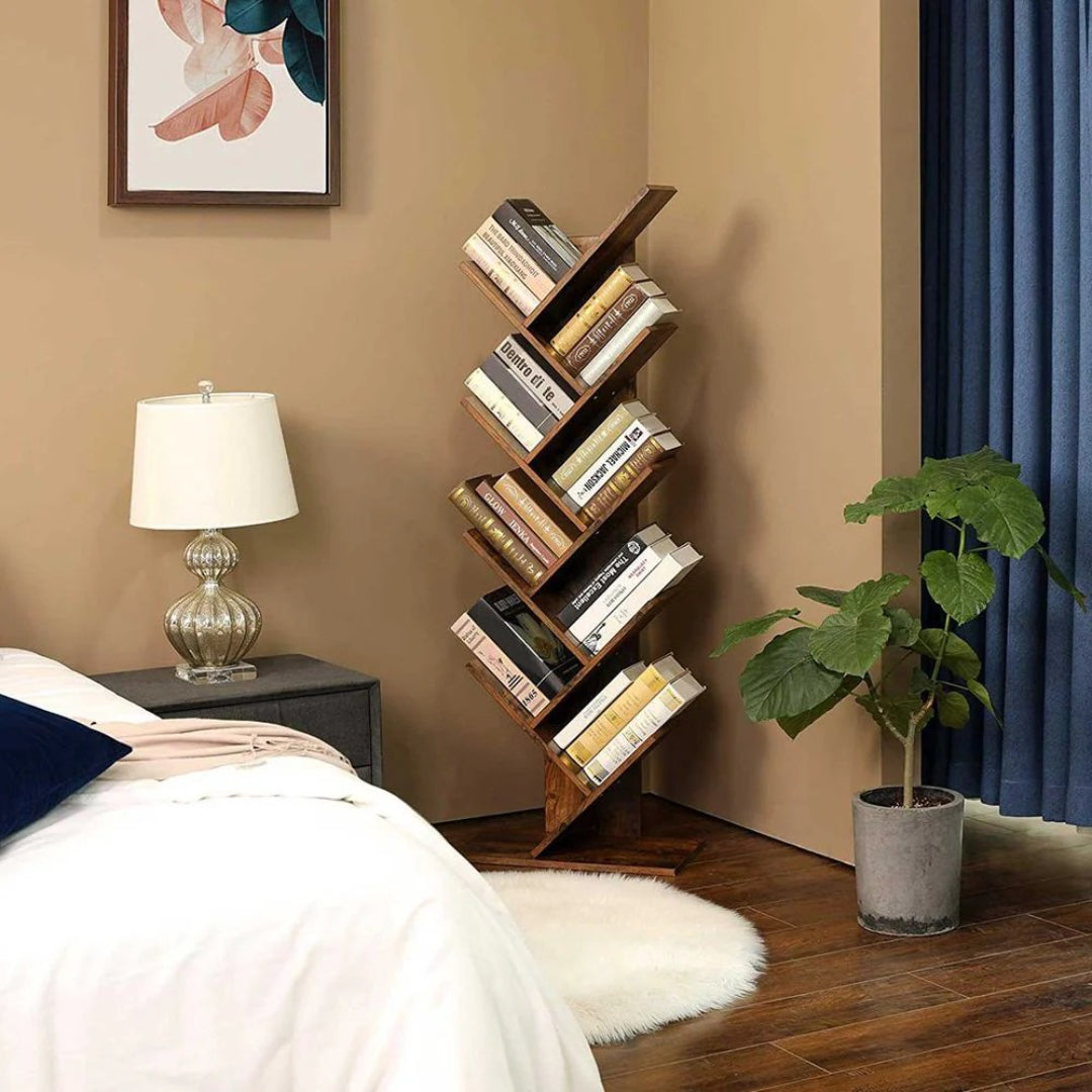 9 Tier Tree Bookshelf Space Saving Bookcase Storage Shelf