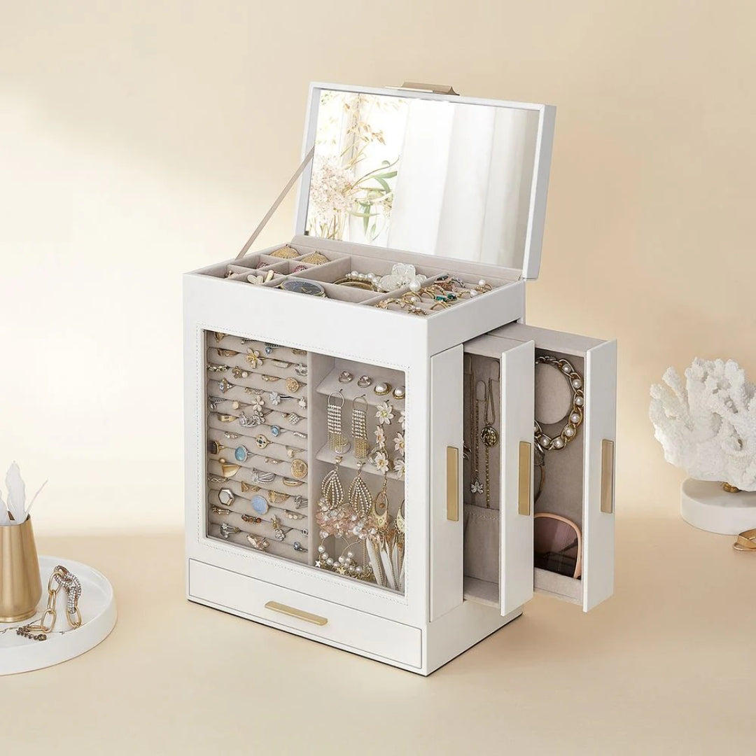 Jewelry Organizer Box With Mirror 5 Layer And Side Drawers