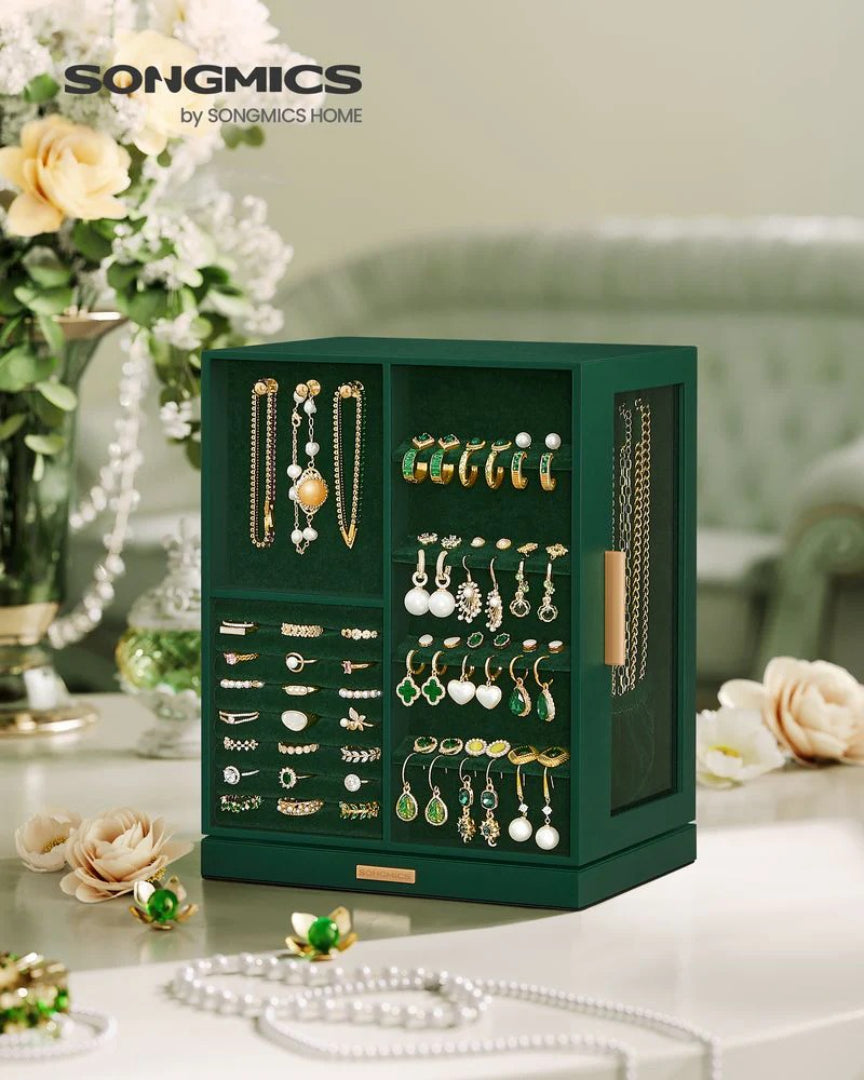 Rotating Jewelry Box Organizer With 5 Drawers And Hooks