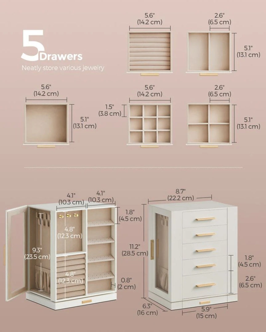 Rotating Jewelry Box Organizer With 5 Drawers And Hooks