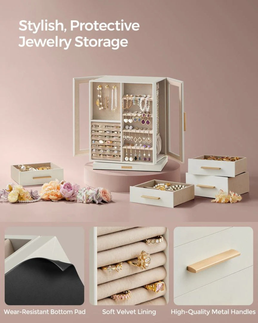 Rotating Jewelry Box Organizer With 5 Drawers And Hooks