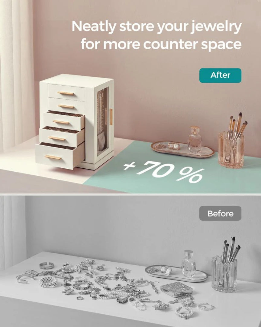 Rotating Jewelry Box Organizer With 5 Drawers And Hooks