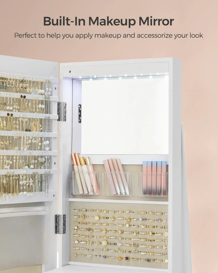 Jewelry Organizer Cabinet With Mirror LED Lights And Storage