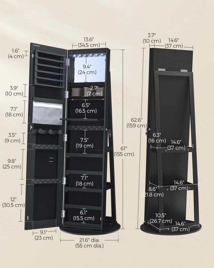 Standing Mirror Jewelry Cabinet With LED Lights And Storage