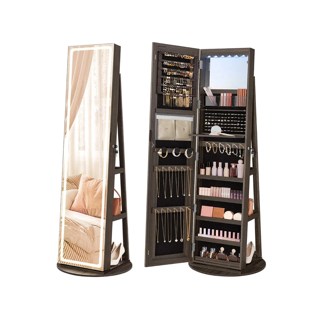 Standing Mirror Jewelry Cabinet With LED Lights And Storage