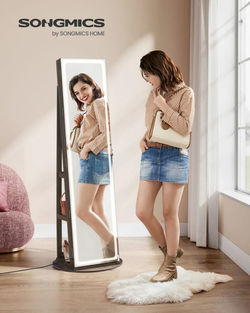 Standing Mirror Jewelry Cabinet With LED Lights And Storage
