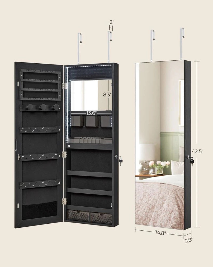 LED Mirror Jewelry Cabinet Armoire Wall Or Door Mounted