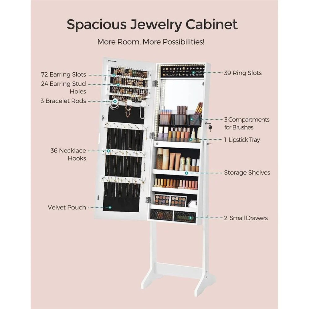 Standing Mirror Jewelry Cabinet With LED Lights And Lock