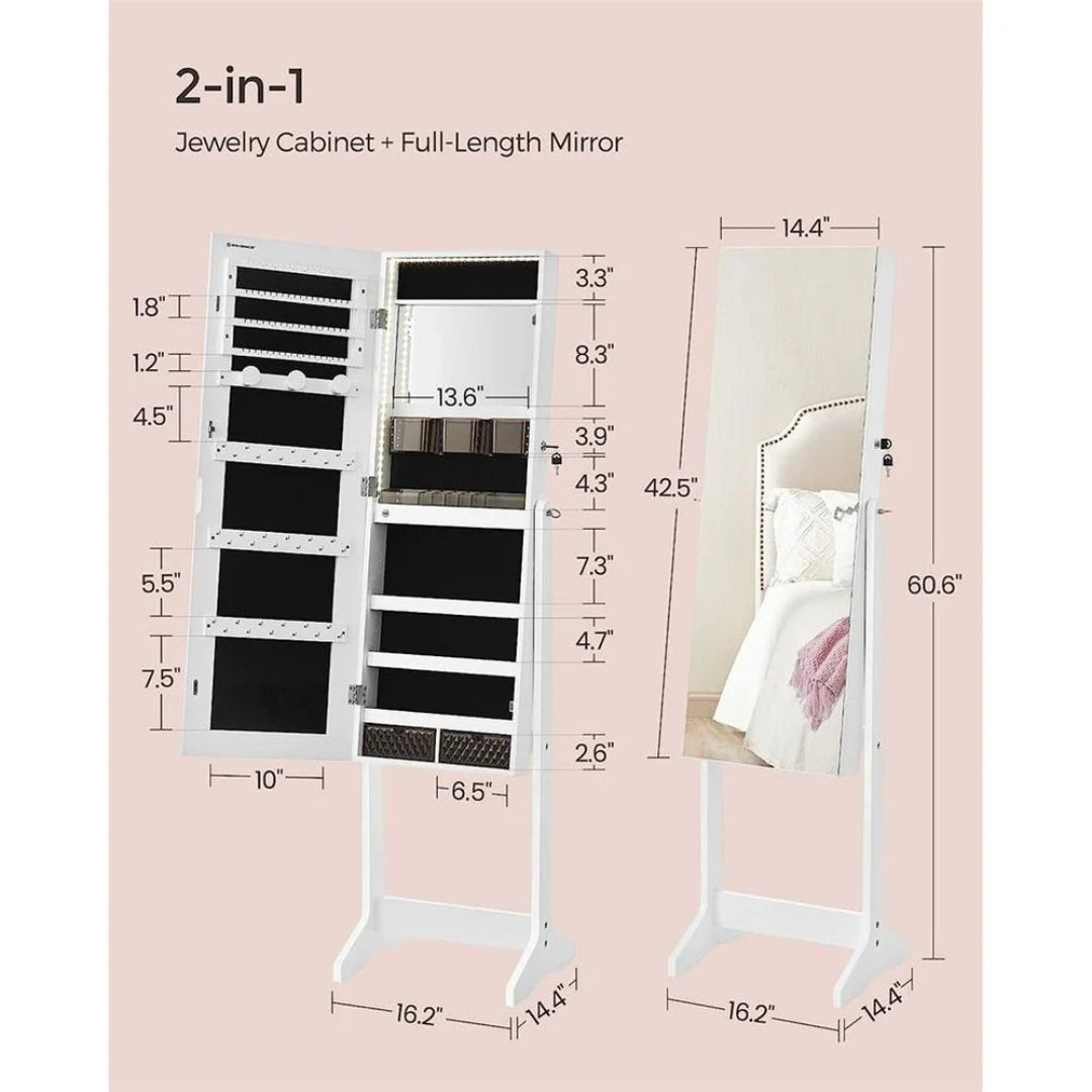 Standing Mirror Jewelry Cabinet With LED Lights And Lock
