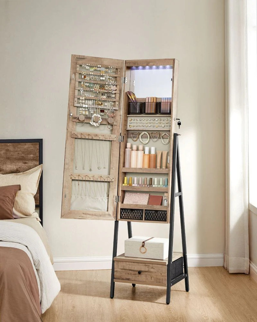 Lockable Jewelry Armoire With Full Length Mirror And Storage