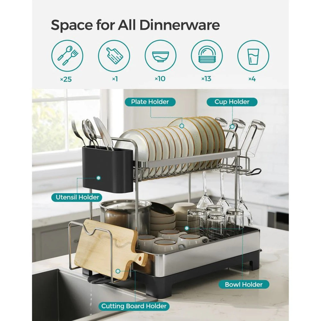 2-Tier Dish Drying Rack with Drainboard, Stainless Steel Kitchen Dish Rack