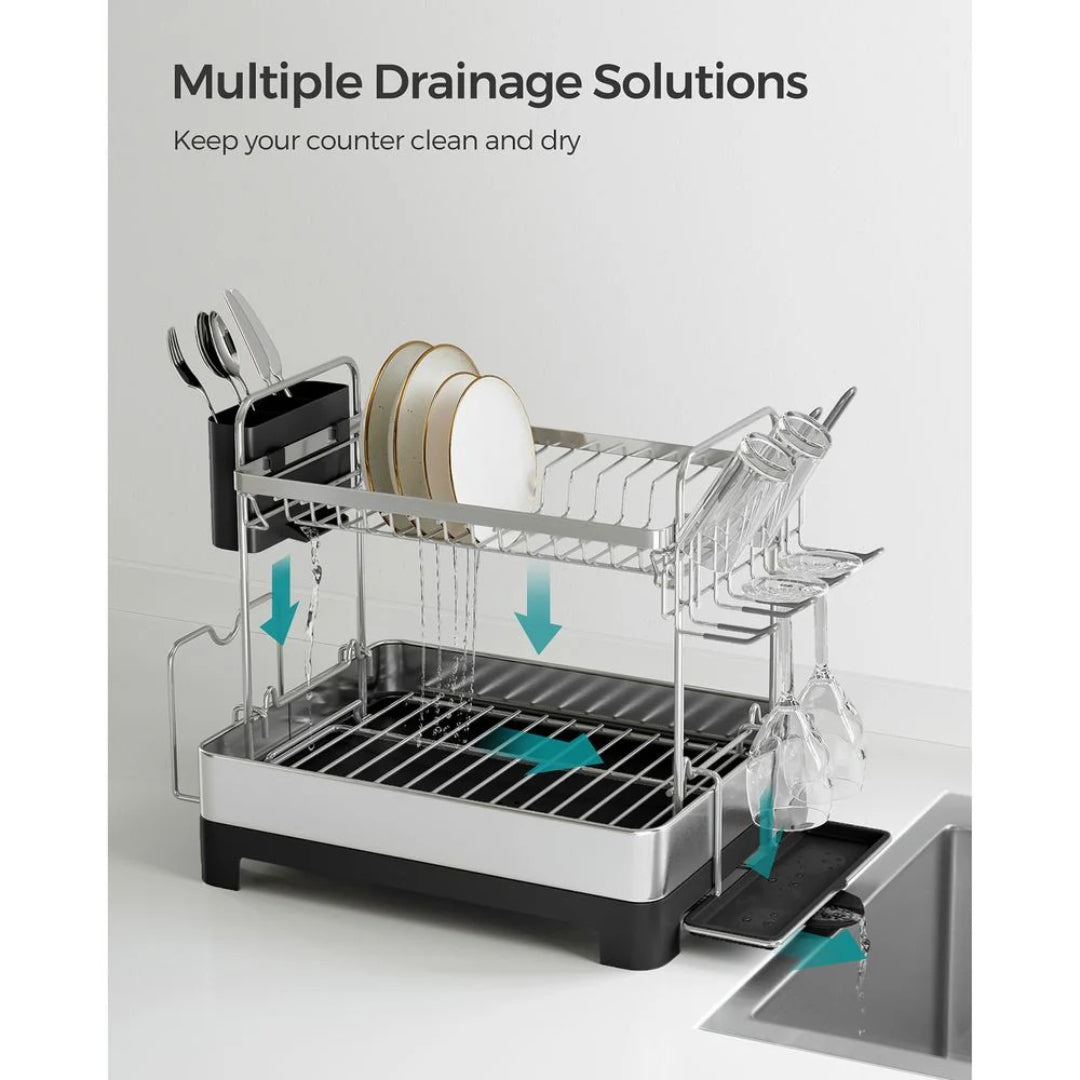 2-Tier Dish Drying Rack with Drainboard, Stainless Steel Kitchen Dish Rack