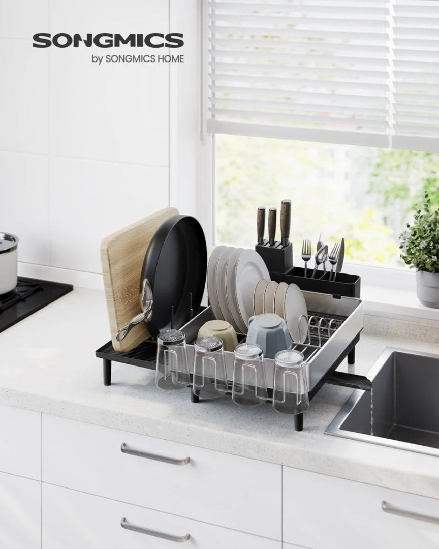 Expandable Stainless Steel Dish Drying Rack with Utensil and Cup Holder