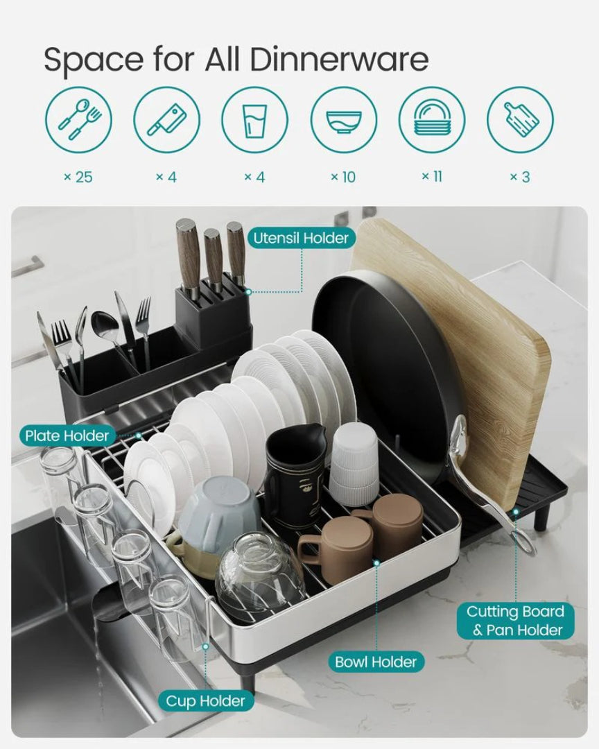 Expandable Stainless Steel Dish Drying Rack with Utensil and Cup Holder