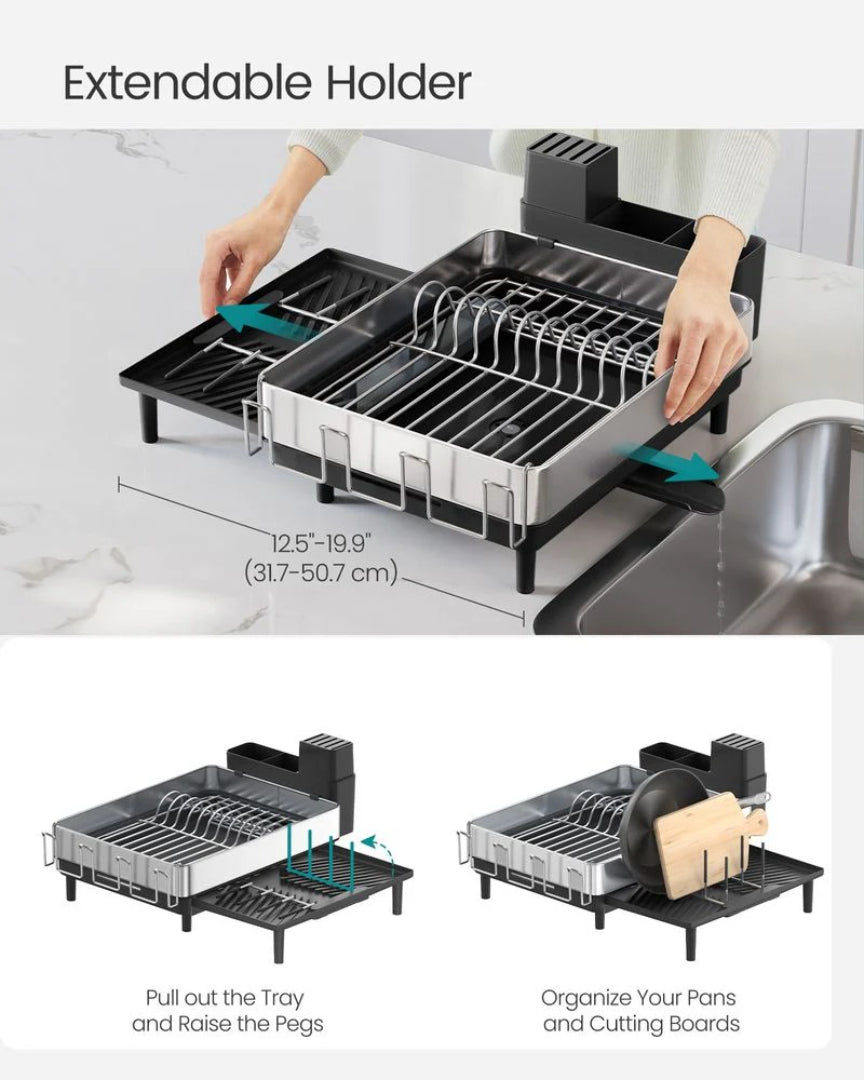 Expandable Stainless Steel Dish Drying Rack with Utensil and Cup Holder