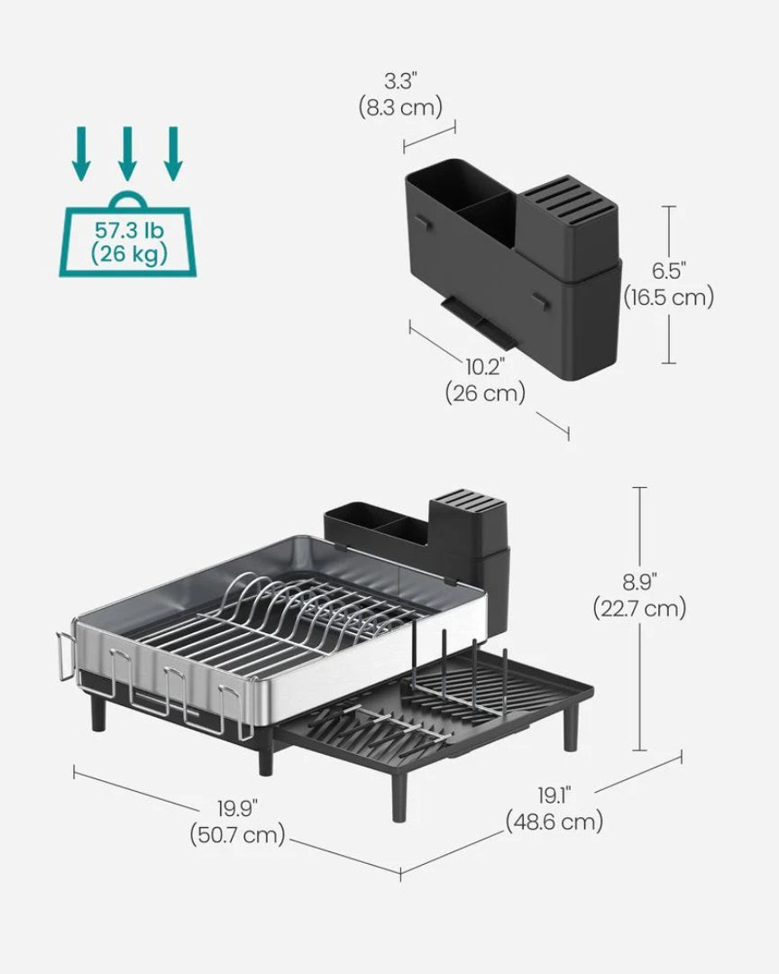 Expandable Stainless Steel Dish Drying Rack with Utensil and Cup Holder