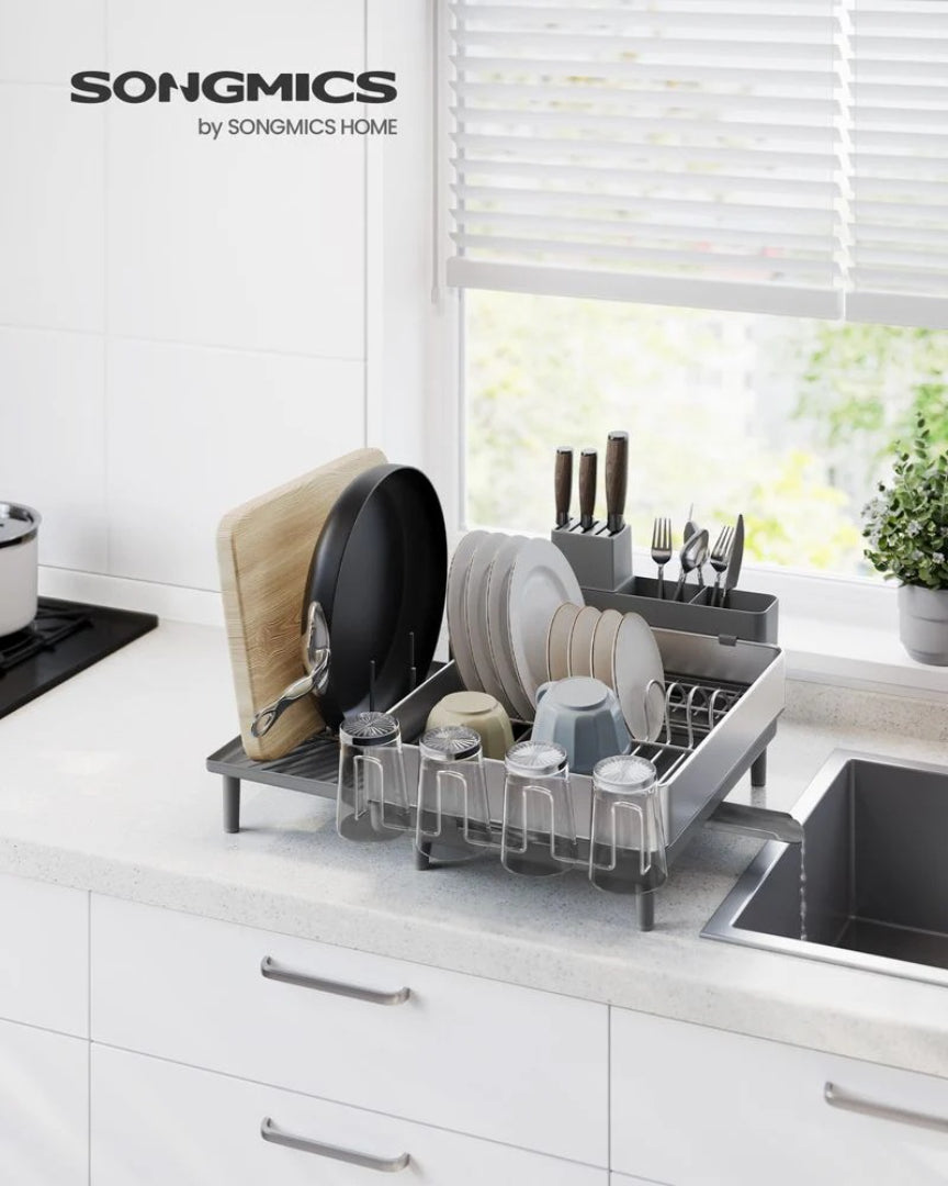 Expandable Stainless Steel Dish Drying Rack with Utensil and Cup Holder
