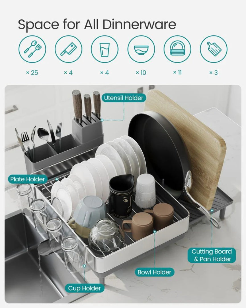 Expandable Stainless Steel Dish Drying Rack with Utensil and Cup Holder